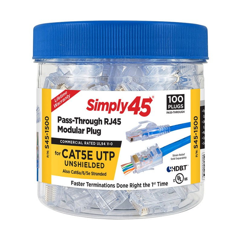 SIMPLY45 S45-1500: Cat5e Unshielded Pass-Through RJ45 Modular Plugs (100ct)