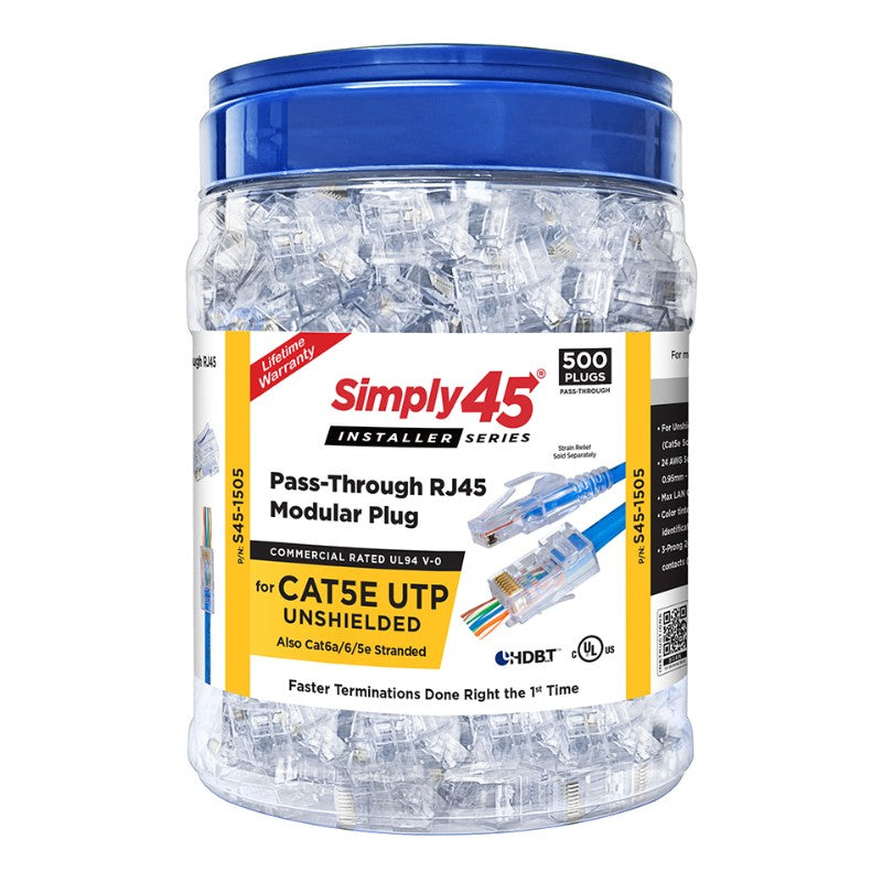 SIMPLY45 S45-1505: Cat5e Unshielded Pass-Through RJ45 Modular Plugs (500ct)