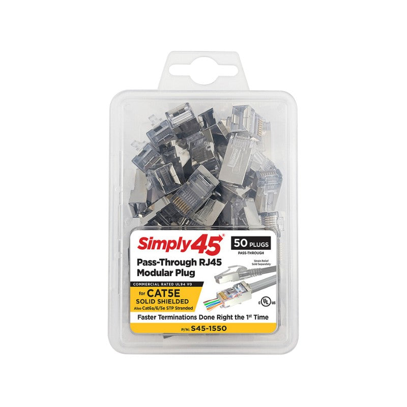 SIMPLY45 S45-1550: Cat5e Shielded Internal Ground Pass-Through RJ45 Modular Plugs (50ct)