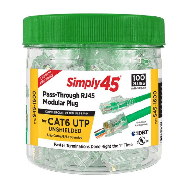 SIMPLY45 S45-1600: Cat6 Unshielded Pass-Through RJ45 Modular Plugs (100ct)