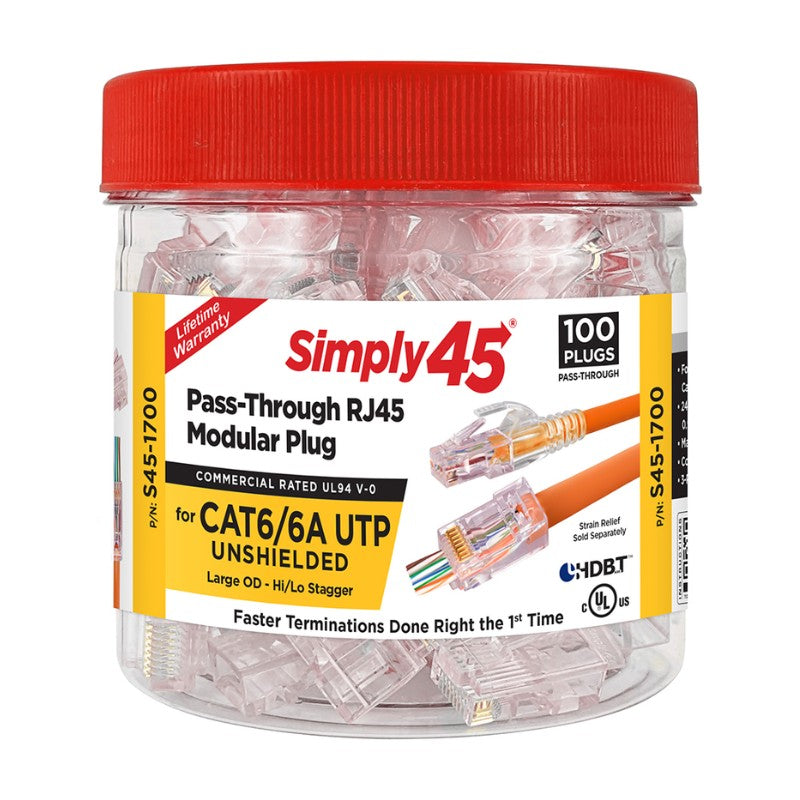 SIMPLY S45-1700: Cat6/6a Unshielded Pass-Through RJ45 Modular Plugs (100ct)