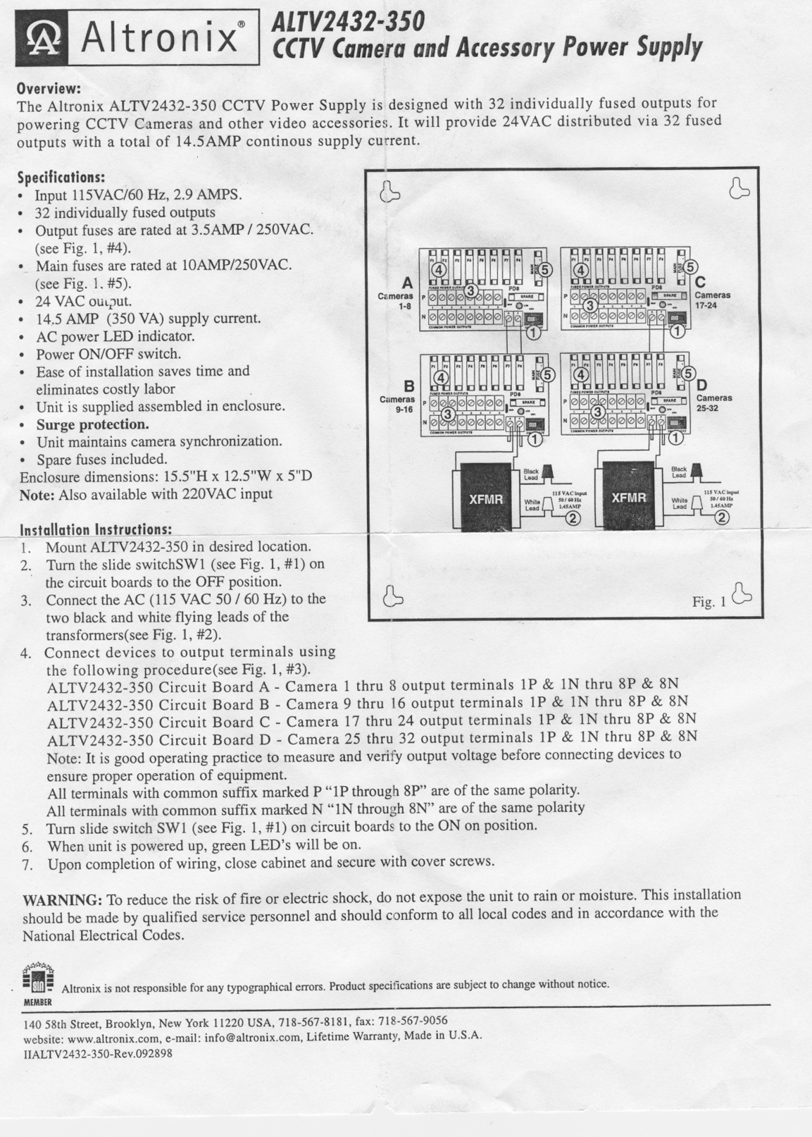 ALTRONIX ALTV2432350 AC Wall Mount CCTV Power Supply provides 24VAC or 28VAC - PAM Distributing Co - 2